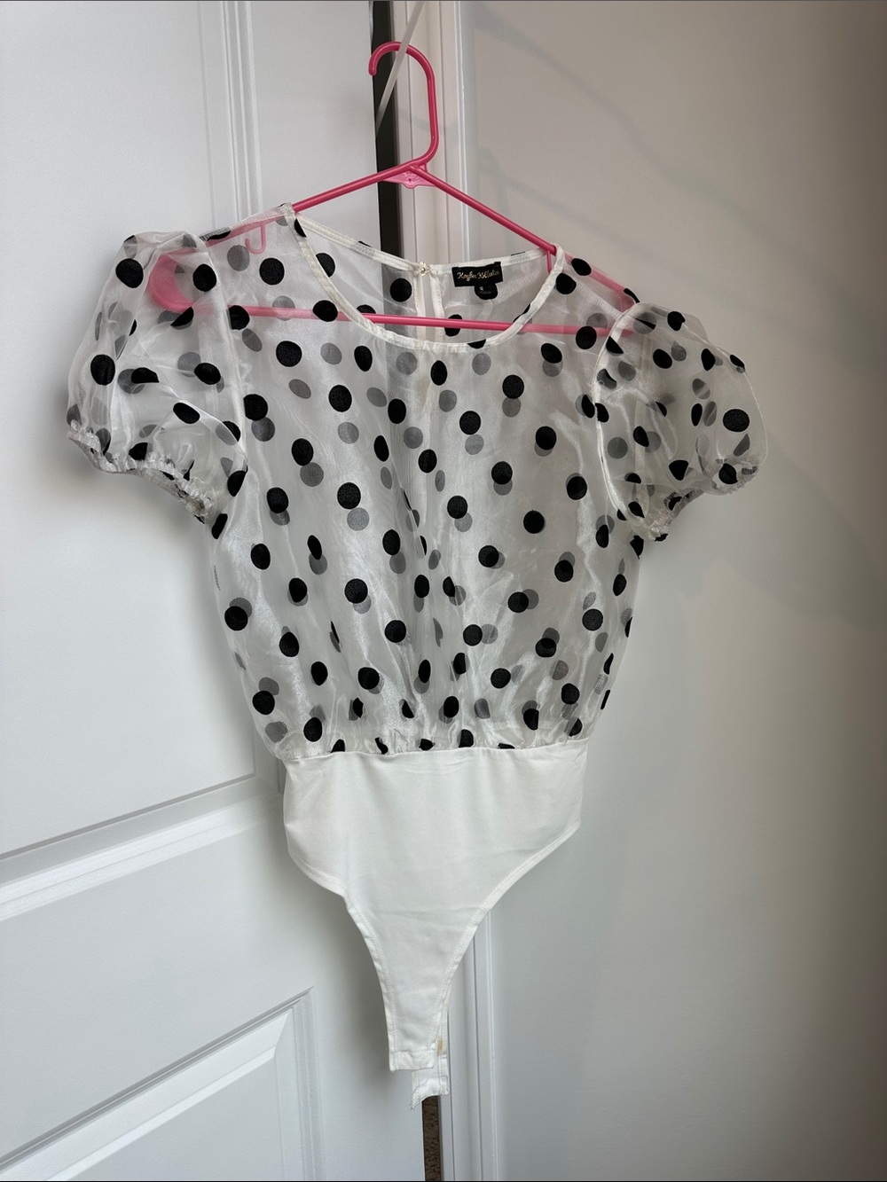 Sheer White Polka Dot Puff Sleeve Bodysuit